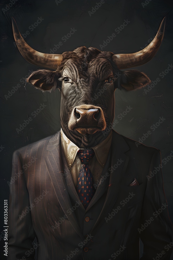 A bull in a suit and tie, standing confidently with its head raised high, exuding an air of authority A bull in a suit and tie, standing confidently with its head raised high, exuding an air of authority