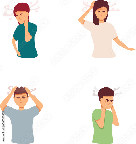 Dizziness icons set cartoon vector. People suffering from headache pain. Health problem