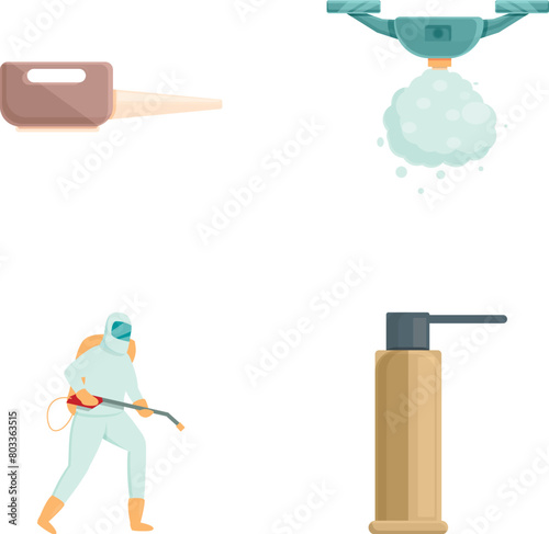 Insect control icons set cartoon vector. Disinfector man in protective suit. Disinfection and sanitation