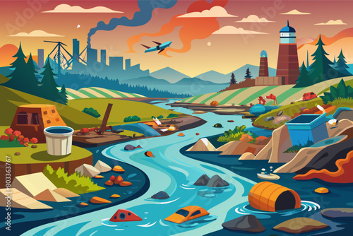 polluted river choked with plastic waste and industrial runoff, portraying the impact on ecosystems
