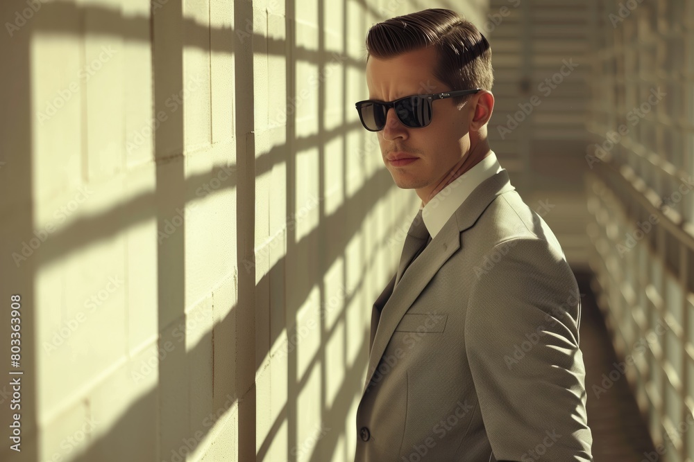 Man in a suit with shadow patterns on the wall Man in a suit with shadow patterns on the wall