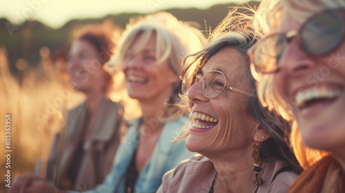 groupe de femmes soixantenaire qui rigolent ensemble en extérieur