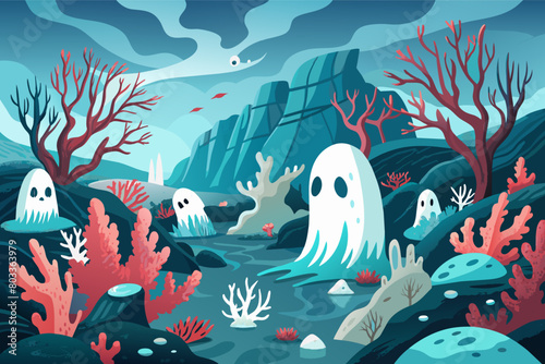 Underwater kingdom illustration cute ghost and tree and flowers