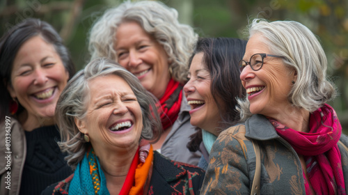 groupe de femmes soixantenaire qui rigolent ensemble en extérieur
