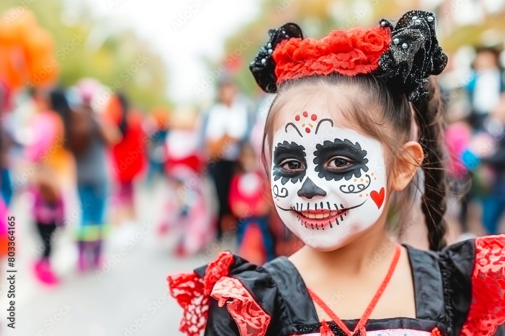 Portrait with a young girl in makeup for the Day of the Dead and All Saints' Day at a festival in the city