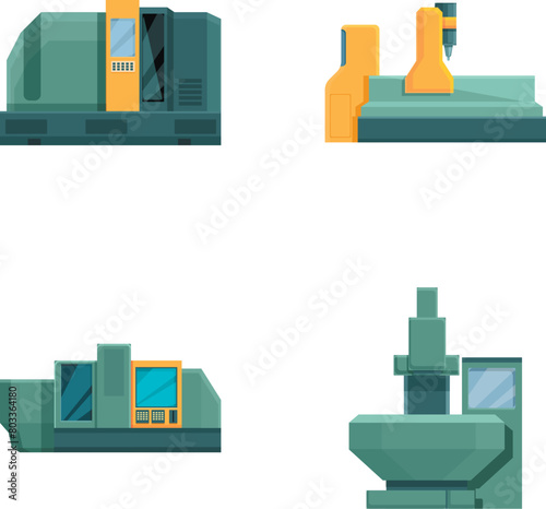 Mill controller icons set cartoon vector. Computer controlled milling machine. Industrial tool