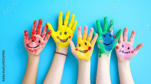 many colorful smiling hands with happy faces painted on their palms in the style of banner design
