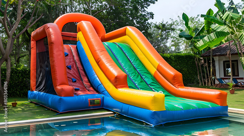 Inflatable bounce house water slide in the backyard
