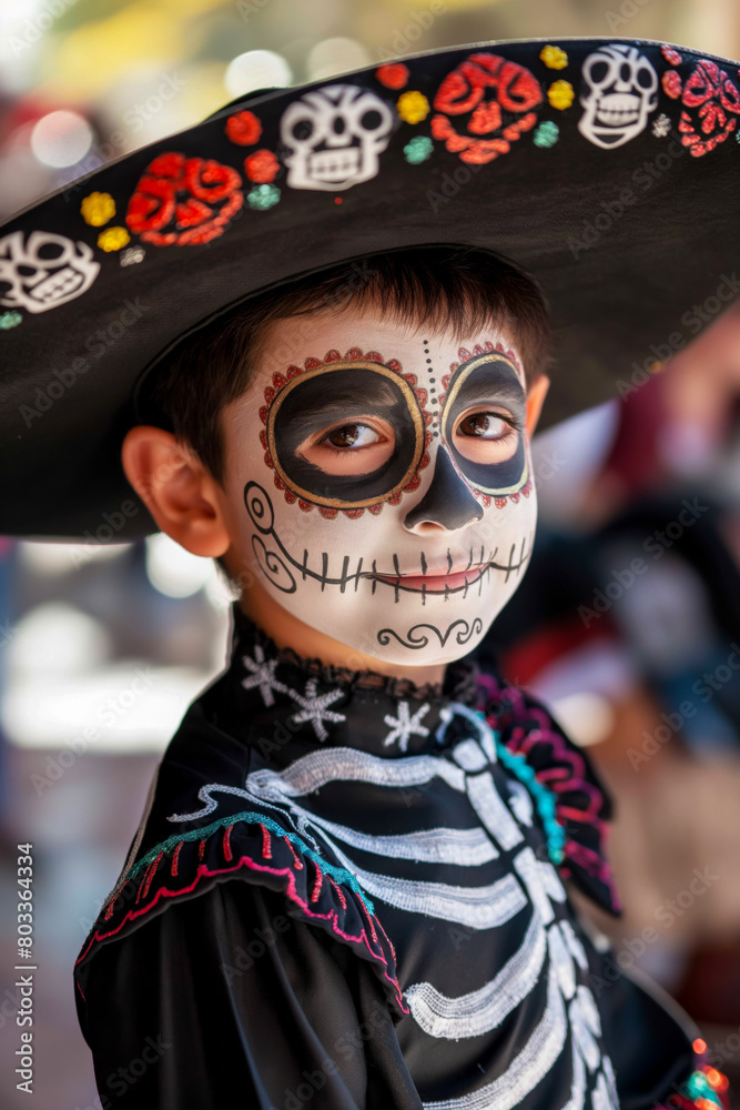 Vertical portrait of a young man in a sombrero and suit going to the Day of the Dead festival, a beautiful traditional Mexican holiday - Dia de los Muertos, idea for a background or article