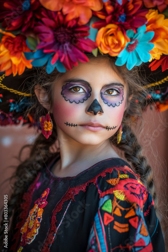 Closeup portrait of a serious young girl in costume for the Day of the Dead festival, traditional Mexican holiday, Dia de los Muertos