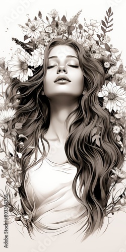 Schwarz-weiße Skizze eines Mädchens im realistischen Stil, einer schönen Frau mit dichtem Haar, die in die Kamera Schaut.