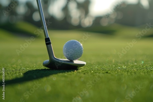 A close-up shot of a golf club aligned with a golf ball on a tee, set against a blurred green background, ready for a swing. unconventional with blonde rats and dreadlocks motif.