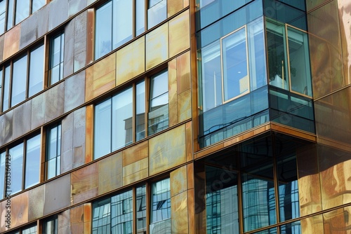 A contemporary building facade displaying a mix of materials, with reflective windows and brass cladding