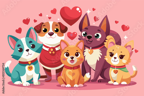 playful illustration of a group of pets dressed up in Valentine's Day attire, sending love to their humans
