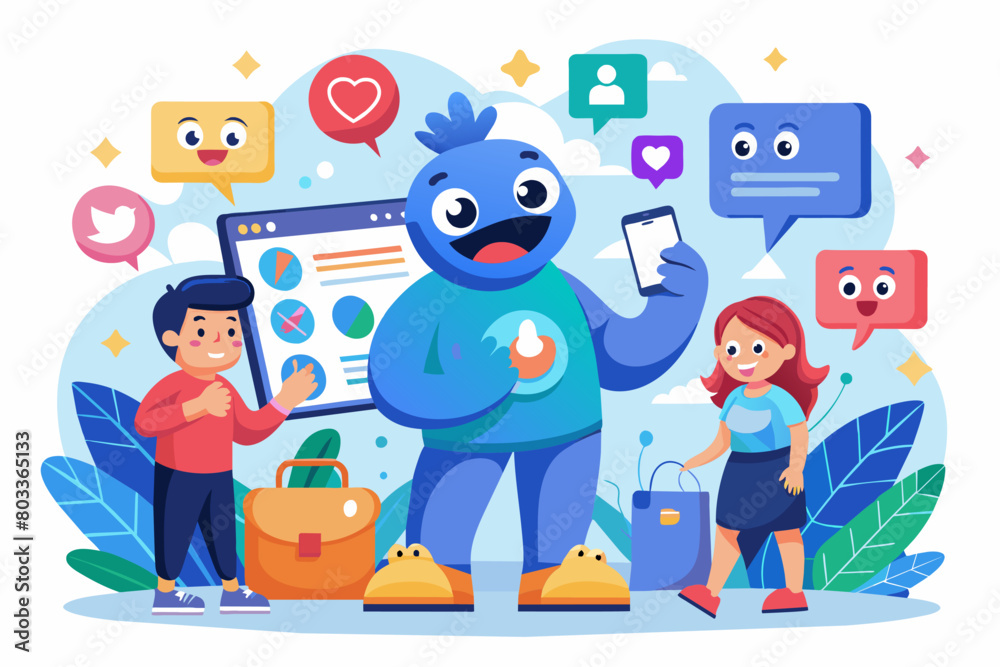 playful brand mascot interacting with customers on social media platforms, fostering brand engagement playful brand mascot interacting with customers on social media platforms, fostering brand engagement