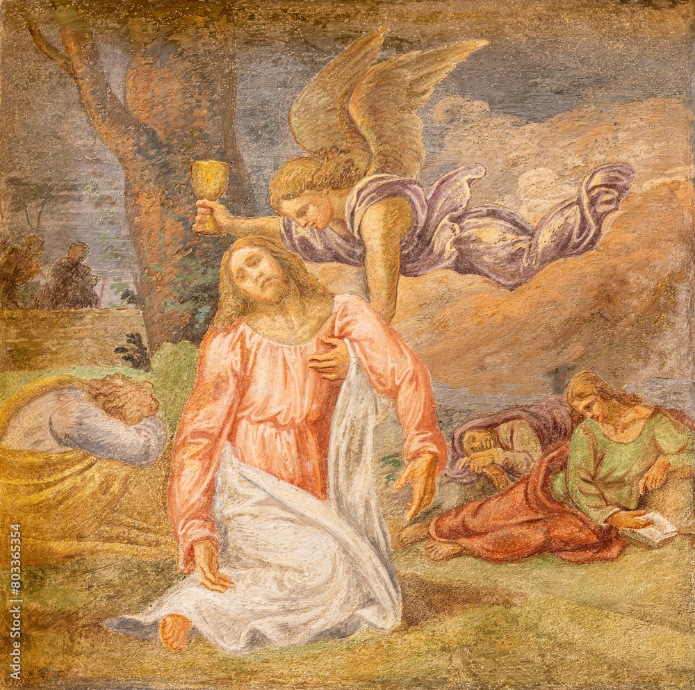 MILAN, ITALY - MARCH 6, 2024: The fresco of Jesus in Gethsemane garden in the church Basilica di Sant Eustorgio by unknown artist.