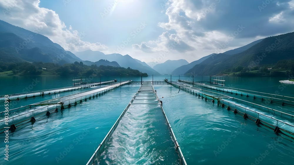 Aquaculture farm uses digital system to monitor water quality for healthy fish. Concept Aquaculture, Digital Monitoring System, Water Quality, Healthy Fish, Farm Management