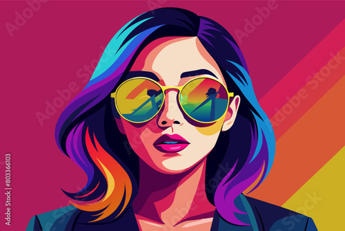 photorealistic image of a woman wearing a stylish pair of sunglasses with a vibrant gradient lens