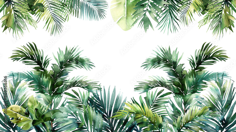 frame of jungle leaves in watercolor isolated against transparent background
