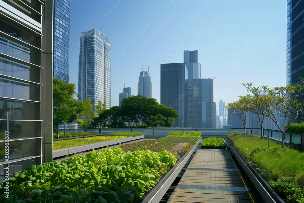 urban farming concept, sleek skyscrapers reaching toward a clear sky, their rooftops transformed into lush gardens urban farming concept, sleek skyscrapers reaching toward a clear sky, their rooftops transformed into lush gardens