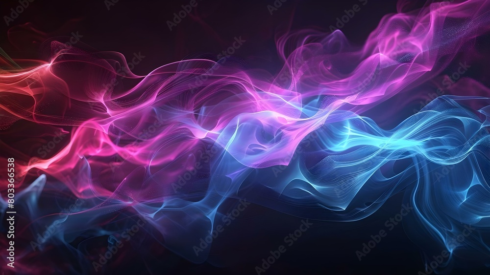 Cyberpunk-inspired colors with luminous waves and smoke on a dark backdrop. Concept Cyberpunk Colors, Luminous Waves, Smoke Effects, Dark Backdrop