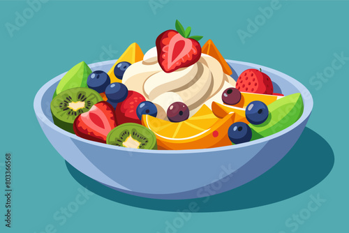 photorealistic image of a colorful fruit salad with a light yogurt dressing