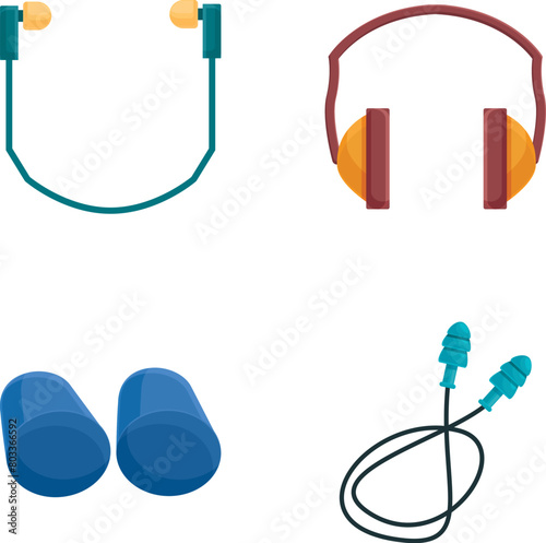 Earplug icons set cartoon vector. Various protective ear muffs. Professional equipment © nsit0108