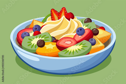 photorealistic image of a colorful fruit salad with a light yogurt dressing