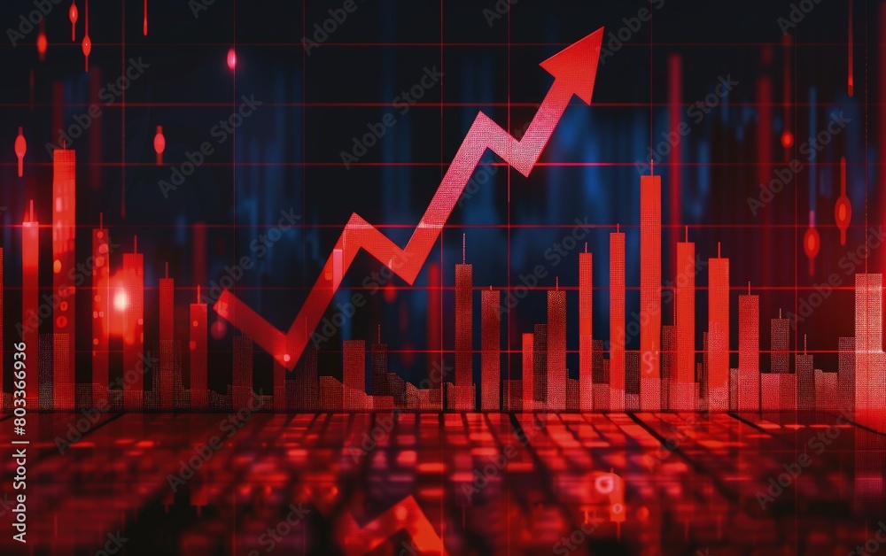 Red arrow with bar graph in the background, concept of analysis, growth, finance. Red arrow with bar graph in the background, concept of analysis, growth, finance.