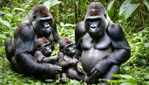 a family of gorillas sharing a meal together in th upscaled 5 1