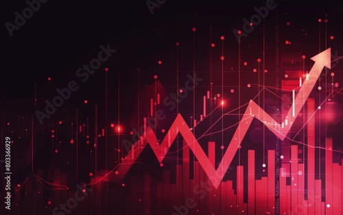 Red arrow with bar graph in the background, concept of analysis, growth, finance.