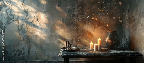 A depiction of a traditional arrangement with a weathered black table, and candles positioned in a neglected corner of a room.