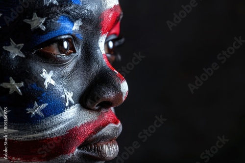 Black woman with face painted USA flag, concept of American independence, July 4th, Independence Day, American Flag.