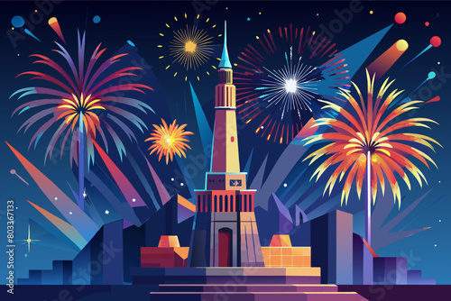 photorealistic illustration of fireworks exploding over a tower bathed in the light of the new year