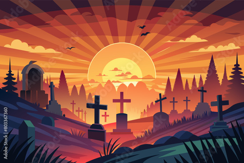 vector illustration of graveyard with cross symbol and rising sun