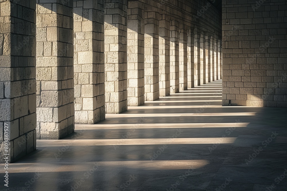 Columns of empty concrete walkway illuminated by sunlight casting lines of shadow on stone wall