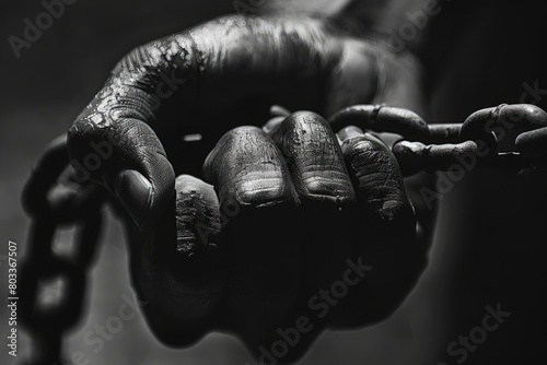 Hand of a black person holding a black chain, concept of Juneteenth, Freedom Day, end of slavery. photo