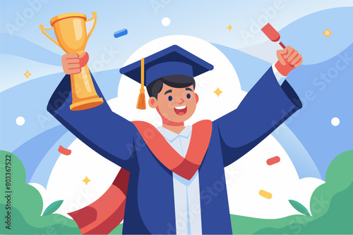 whimsical illustration of boy cheering graduation completed
