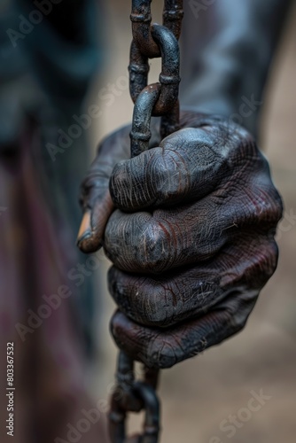 Hand of a black person holding a black chain, concept of Juneteenth, Freedom Day, end of slavery.