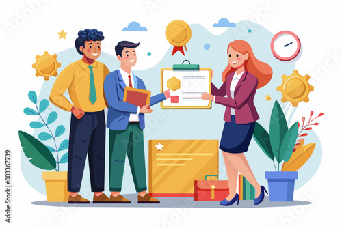photorealistic illustration of an employee receiving a certificate of recognition for their outstanding work