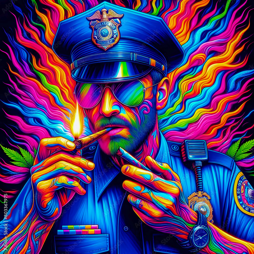 Digital art vibrant colorful psychedelic police officer smoking a blunt