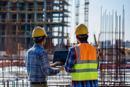 Construction workers with laptop at building site