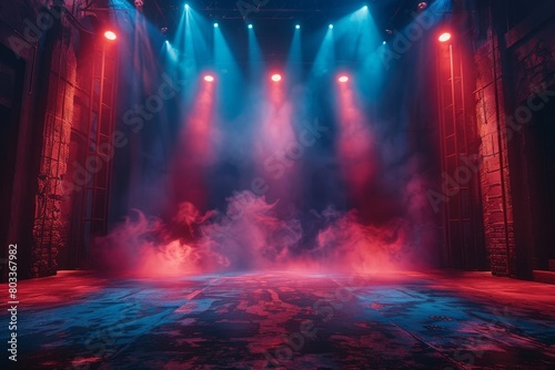 A hauntingly empty stage set, with colorful lighting casting ghostly shadows amid the swirling stage fog