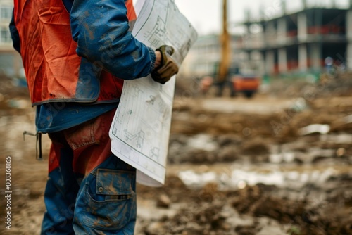 Construction worker holding blueprint at construction site