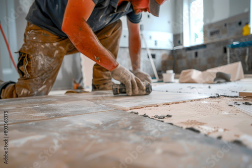 Construction worker prepares the kitchen tiles in a home renovation