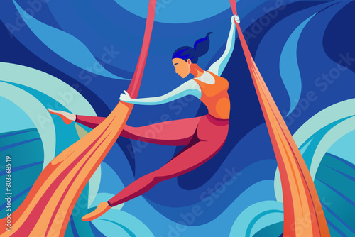 person suspended in mid-air during a graceful aerial yoga pose, surrounded by flowing fabric