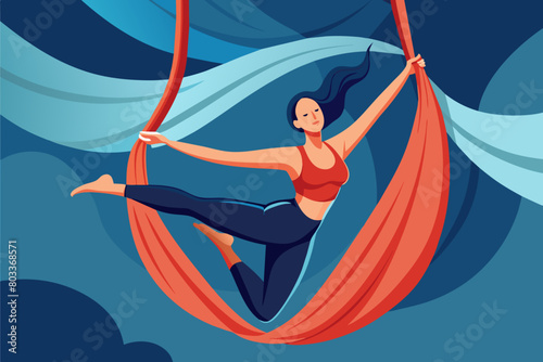 person suspended in mid-air during a graceful aerial yoga pose, surrounded by flowing fabric