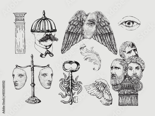 Antique set. Vector hand drawn illustration. Spot work. Tattoo illustration, modern surreal art.