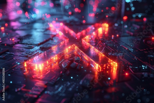 Dynamic red and blue lights form an 'X' on a technological backdrop suggesting network intersections and data exchange