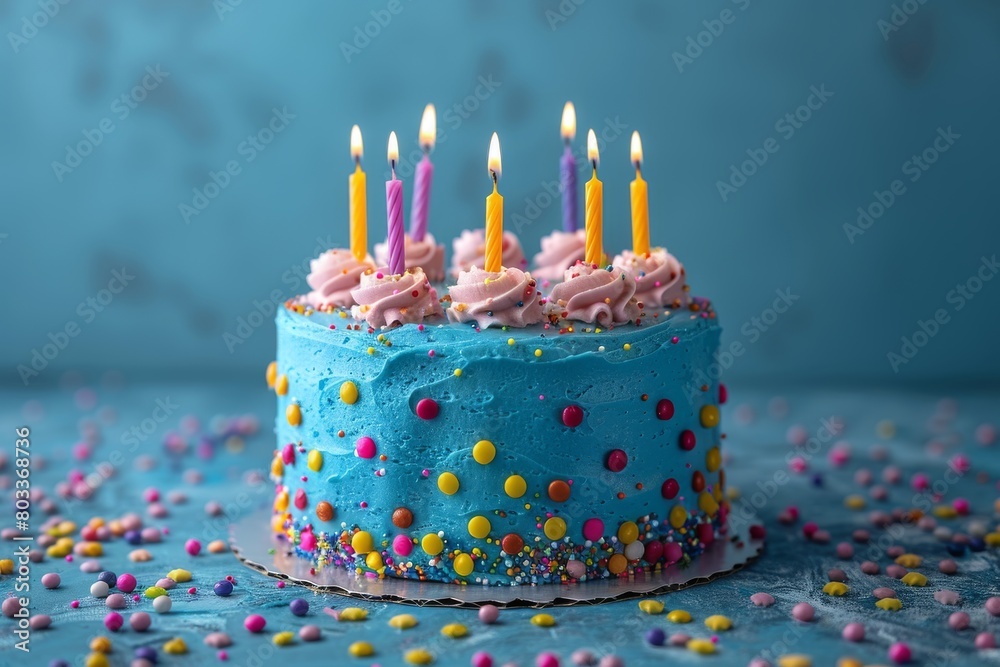 A two-toned birthday cake featuring baby pink and bright blue icing topped with lit candles amid celebrations A two-toned birthday cake featuring baby pink and bright blue icing topped with lit candles amid celebrations